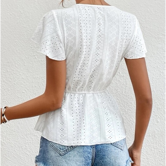Boho White Eyelet Embroidery Mesh Lace Peplum Top Blouse Shirt - Picture 2 of 7
